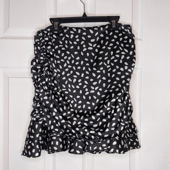 Leche Black & White Polka Dot Pattern Ruched Ruffle Trim Skirt L - Picture 4 of 15